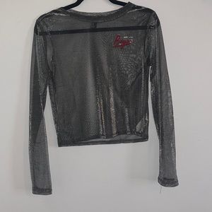 Silver Metallic “Boys” Sheer Crop Top, Long Sleeve